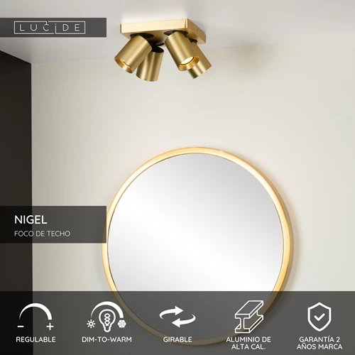 Lucide NIGEL - Foco de techo - LED Dim to warm - GU10 - 4x5W 2200K/3000K - Oro mate / Latón - USP